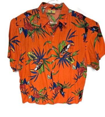 Paradise Gold Hawaiian Shirt Mens XL Parrot Tropical Rayon Button Up Birds