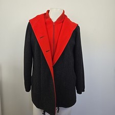 VTG Mackintosh Vestcoat Wool Hooded Jacket Charcoal Gray Red Lined Womens M/L 12
