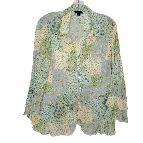 Floral Crinkle Ruffle Blouse L Green Blue Watercolor Abstract Boho Vintage Y2K - Picture 1 of 7