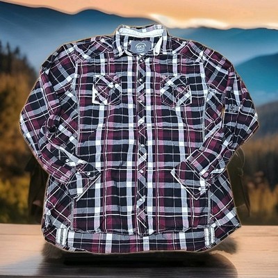 BKE Buckle Pearl Snap Shirt Mens Size XL Maroon Black Plaid Western Rockabilly 
