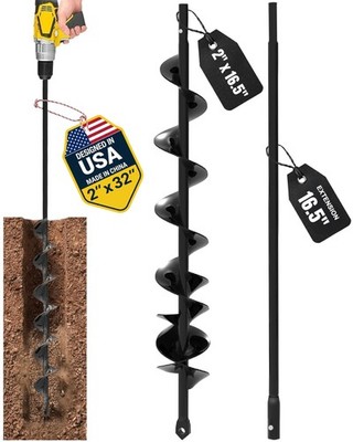 Auger Drill Bit for Planting 2x32'' - with Extension - Spiral Hole Planter fo...