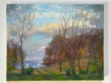 Original Oil Painting Art Landscape Hudson River Dawn Morning Clouds 11 X 14 O/C