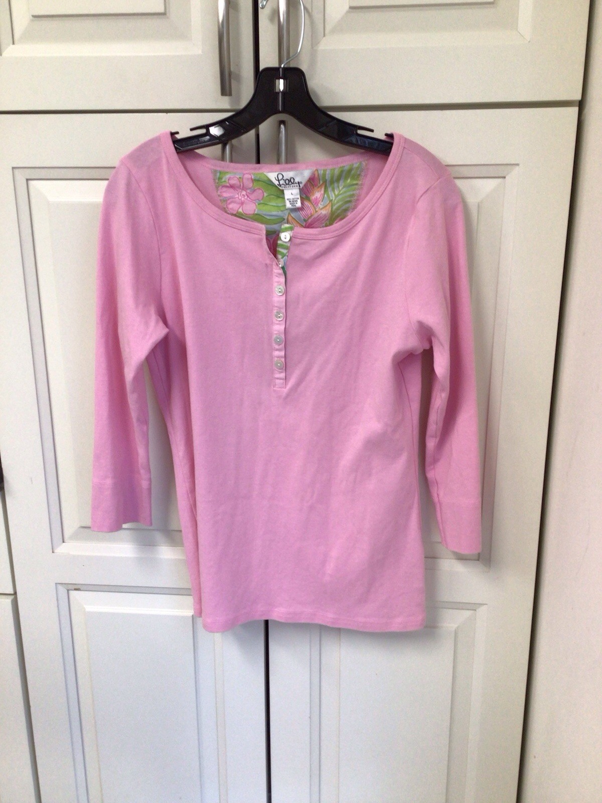 Lilly Pulitzer Pink Button Front Knit 3/4 Sleeve T-Shirt 100% Cotton Size L