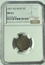 1867 Shield Nickel No Rays- NGC MS 61 - Free Shipping