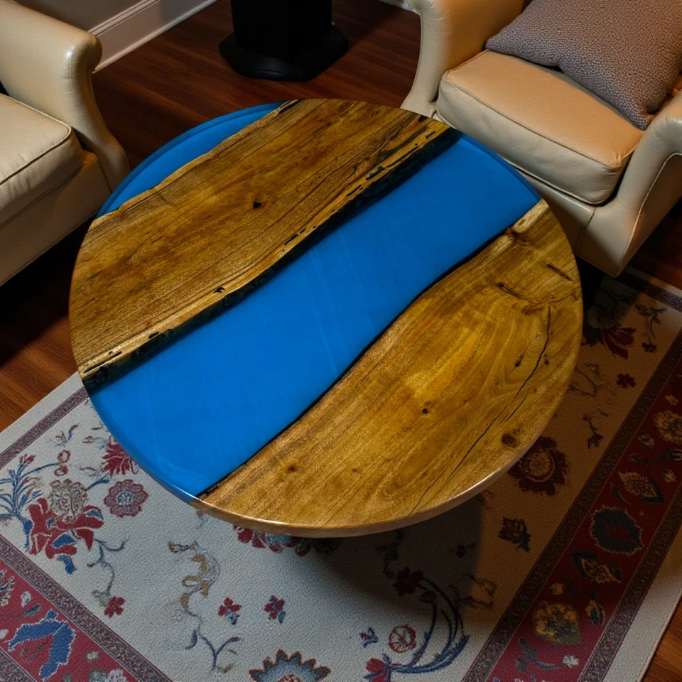Mesa de río moderna redonda azul epoxi | Centro de mesa de madera con borde vivo decoración Foto 2 de 4