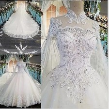 Ball Gown Wedding Dresses High Neck Lace Applique Long Cape Sleeve Ruffles Gowns