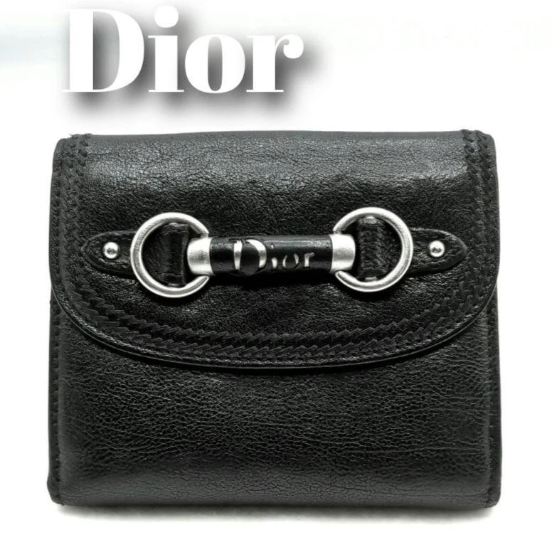 Christian Dior Portefeuille Triple Cuir Pliable Noir Horsebit