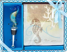 Seahorse Cocktail Paper Napkins and Bottle Topper Stopper Boxed Set