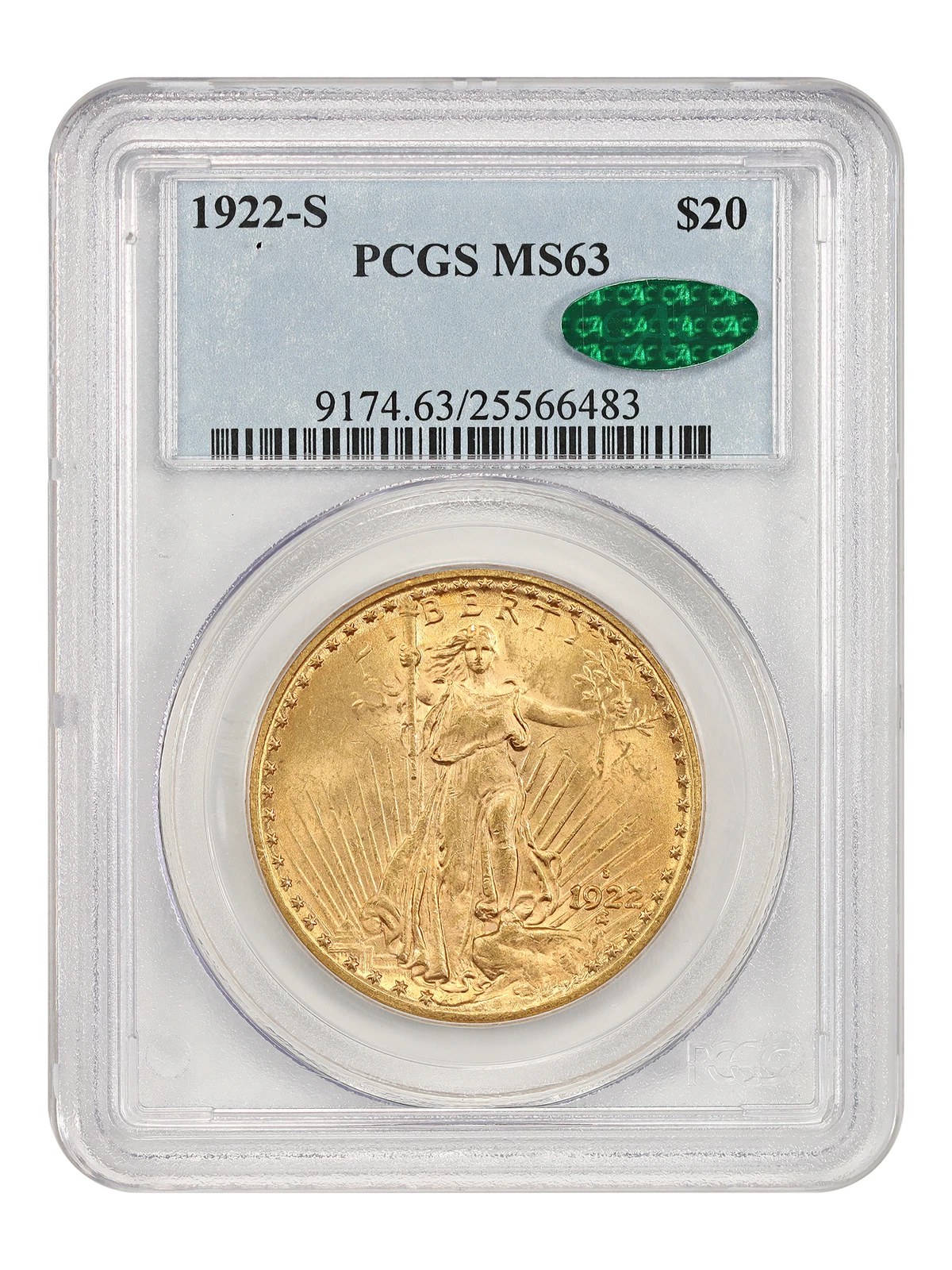 1922-S $20 PCGS/CAC MS63 - St. Gaudens $20 - Scarce Date