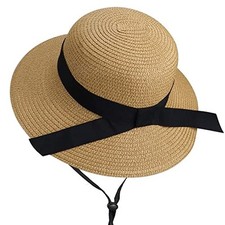 Girls Wide-Brim Straw Sun-Hat for Summer Beach 9-17 Years Khaki bow-straw Hat 