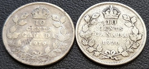 1919 & 1920 Canada Silver 10-Cent Dimes - 80% Silver Coins