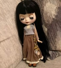 Custom OOAK Blythe Doll White Skin Matte Face Sleepy Eyes Black Hair w/Bangs