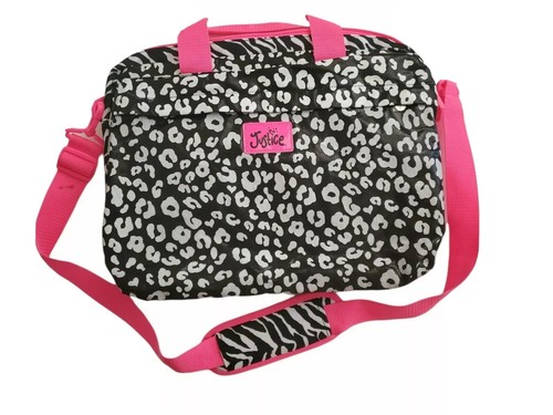 Justice Tween Large Black Print Crossbody Bag Pink Trim Pockets - Picture 2 of 12