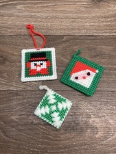 Vintage Handmade Yarn Plastic Canvas Needlepoint Christmas Ornaments Lot Of 3