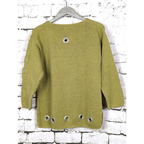 PURE HANDKNIT Grommet V-Neck Sweater Moss Green Minimalist Lagenlook L/XL NEW - Picture 5 of 8