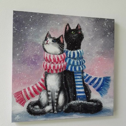 Cats Couple Original Hand Painted Home Decor Gift Wall Art Ukrainian Artist - Picture 10 of 24