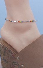 BOHO RAINBOW MULTI COLOR BEADS Stertling SilverClad ANKLET ANKLE BRACELET 9-12.5