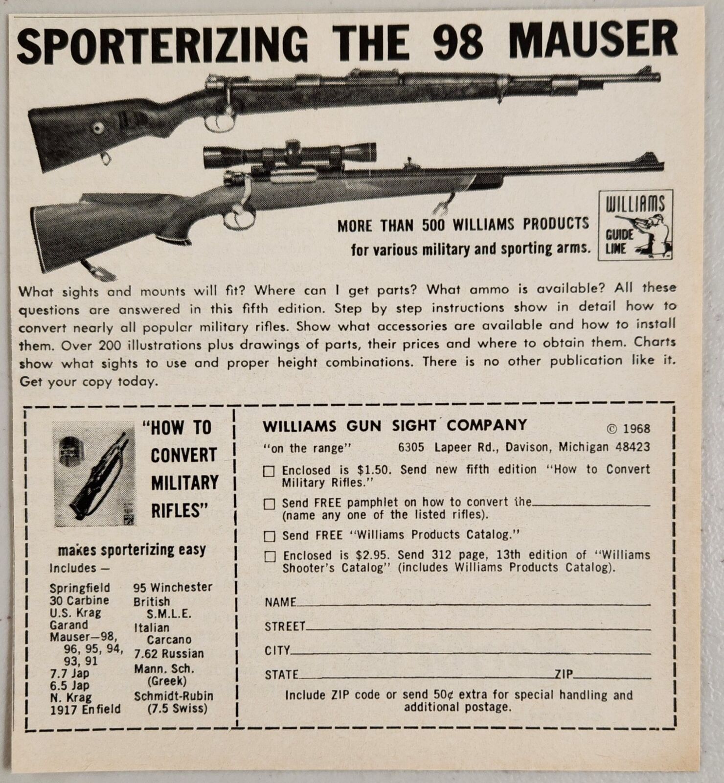 1968 Print Ad Williams Gun Sight Co Sporterizing the 98 Mauser Davison