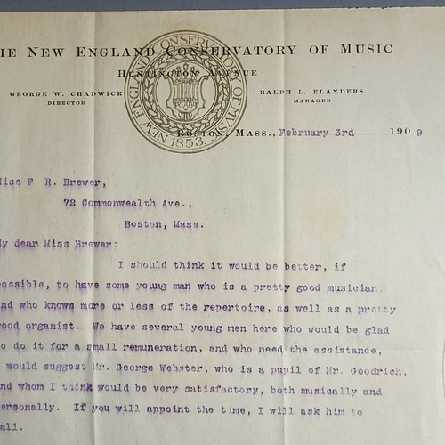 George W Chadwick signierter Brief mit gestempeltem Umschlag, handgeschriebene Musik - 1909 - Bild 3 von 7