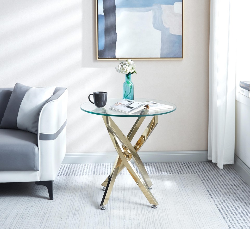 Modern Round Glass End Table with Stainless Steel Legs Home Living Room