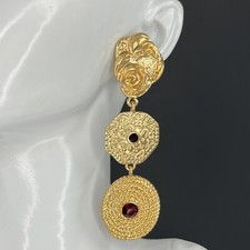 Romantic Dangle Earrings Matte Gold Tone Rose Flower Pierced Red Crystal Drop