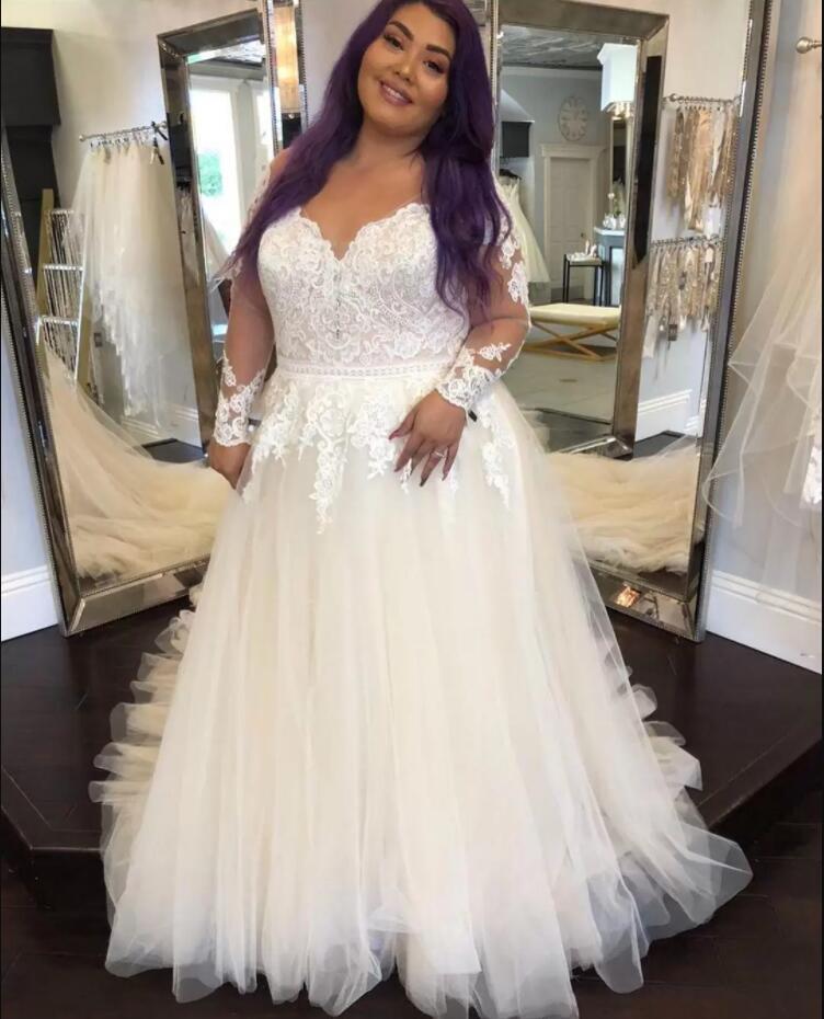 long sleeve boho wedding dresses plus size A Line Plus Size Tulle Lace Boho Wedding Dresses Long Sleeves Bridal W   Hebebridal