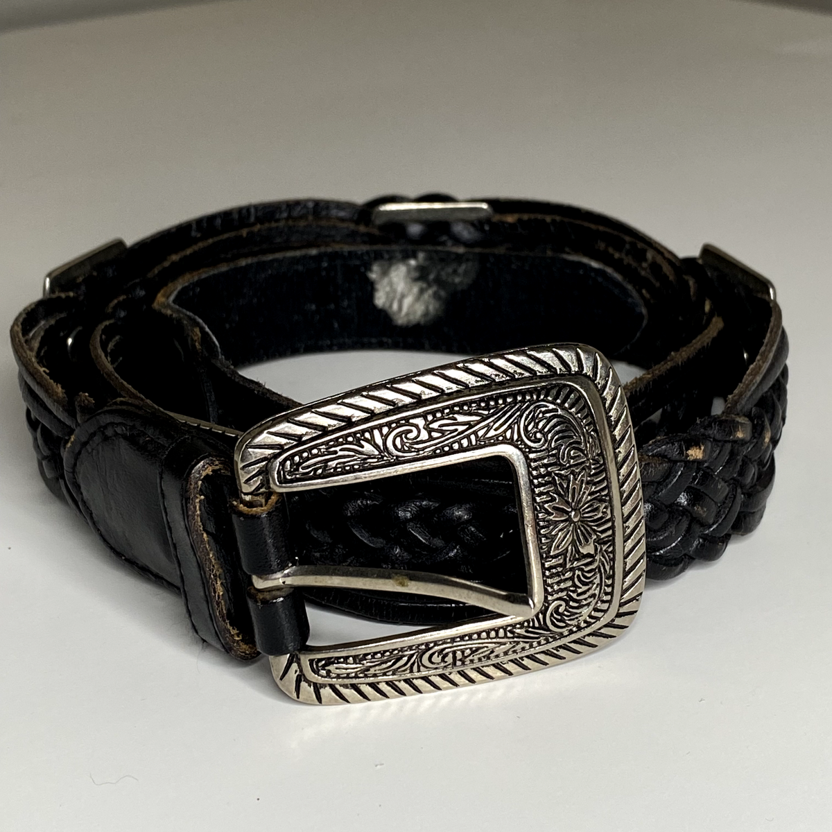 Black Leather Belt with Silver Accents GAP Vint Black leather belt w silver rectangular accents  main image 3