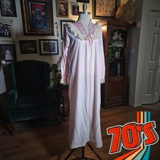 Vintage 70s Erica Loren Pink Lace Trim Long Sleeve Maxi Nightgown Slipper Dress