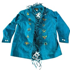 Bob Mackie Womens Suede Jacket Sz 1XL Blue Embroidered Fringe Open Front NWT