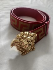 Versace Men's Size 85/34 Calf Leather Medusa Red and Gold Designer Belt