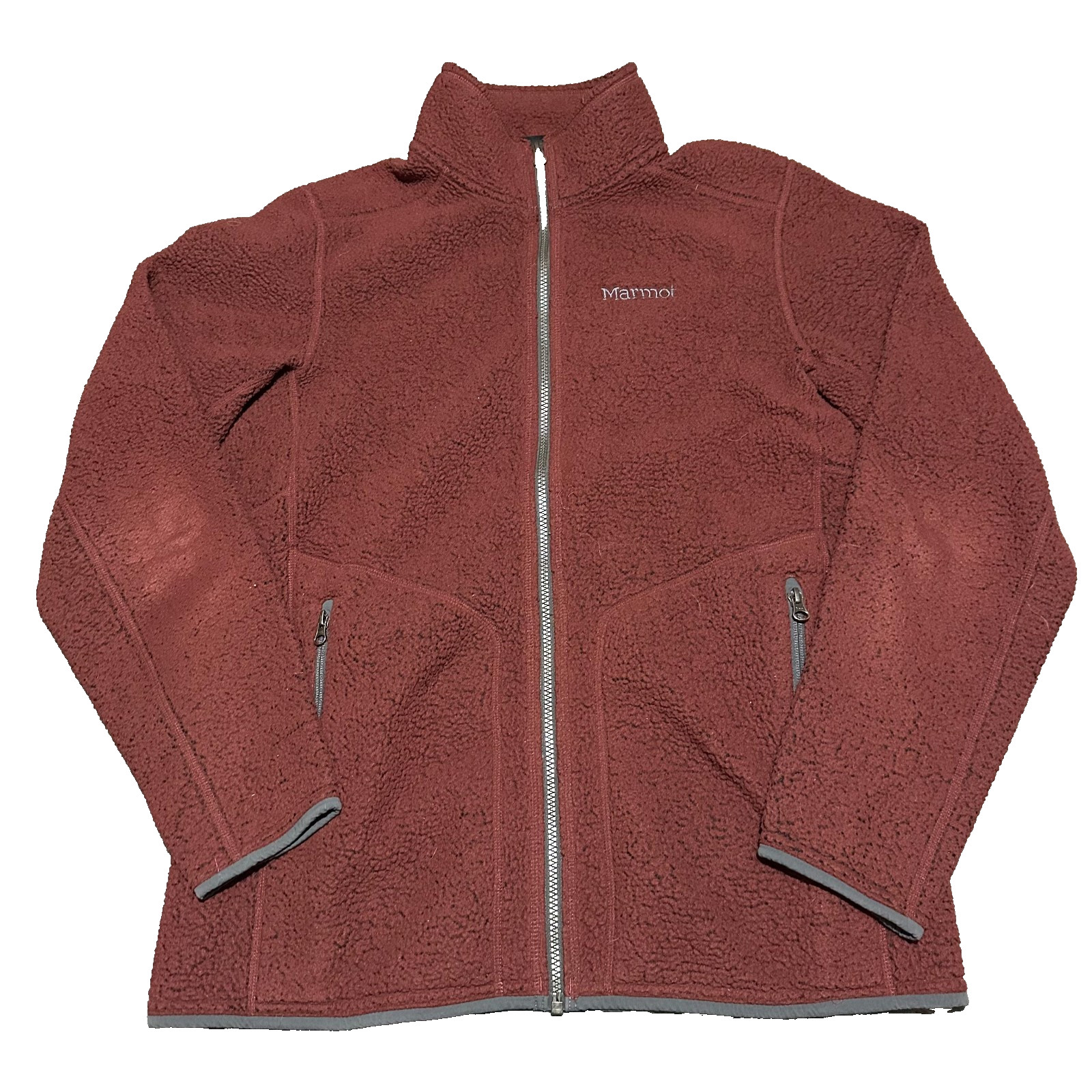 Marmot Jacket Full Zip Men Large L Lightweight Fleece Sweater Burgundy Red FLAW