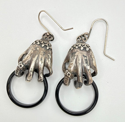 Vintage Artisan Sterling Silver Hand Earrings Black Onyx Ring Gothic Modernist 9