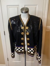 St. John Collection Black Blue Checkerboard Sequin Gold Button Jacket, Size 8