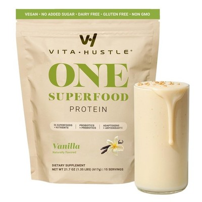 VitaHustle ONE Superfood Protein Powder Vanilla 86+ Superfoods Greens Probiotics