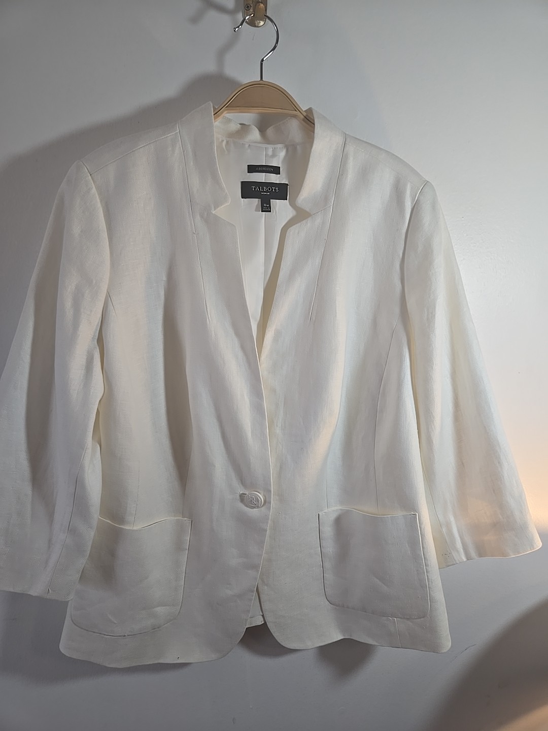 NWOT Talbots Linen Aberdeen Jacket Blazer Size 16W Ivory Pockets 3/4 Sleeve