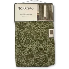 Morris & Co Strawberry Thief Floral Bird Green Velvet Jacquard Curtains Set 84”