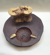 Vintage Solid  Wood Ashtray / Pipe Stand  Holder/ With  Resin  Carved Figurine.