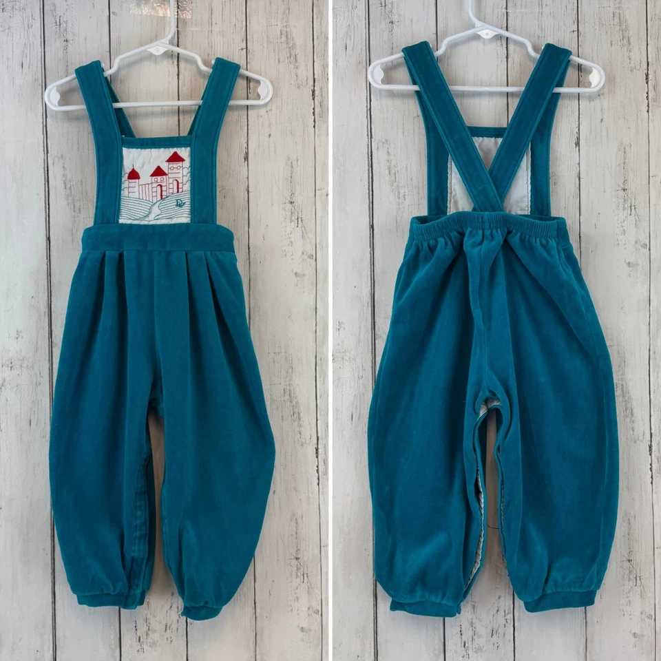 VTG 90's Baby Dior Teal Embroidered Velour Bib Overalls Outlet Size 12 Months - Image 2 of 4