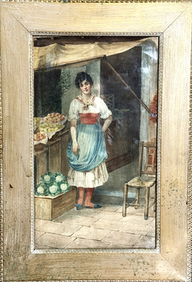 ANTQ 19th C Origin. Italian Genre Watercolor / Paper ''Young Market Woman'' Signed
