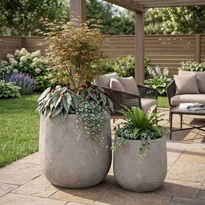 Round Concrete Planter Set of 2,Handmade Decorative Planter Pots Containers