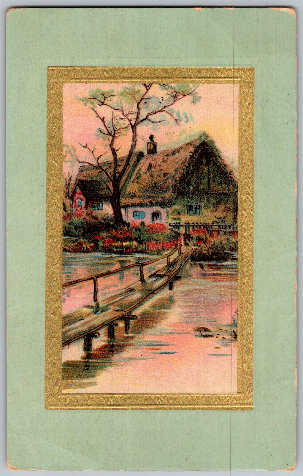 Antique Postcard Thatched Cottage Footbridge 1910s