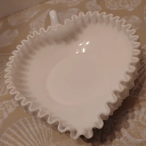 Vintage Fenton Loop Handled Heart Dish Hobnail Milk Glass Ribbon Candy Caddy