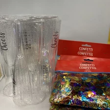 12 Pack Of Champagne Clear Plastic Toasting Glasses +6X Multicolor Confetti 5 Oz