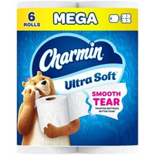 Charmin Ultra Soft Toilet Paper, 6 Mega Rolls 208 sheet Pack of 6 , White