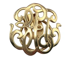 Vtg Monogram Scarf Clip Scroll Letters Shiny Gold Tone Revival Grannycore 1.5”