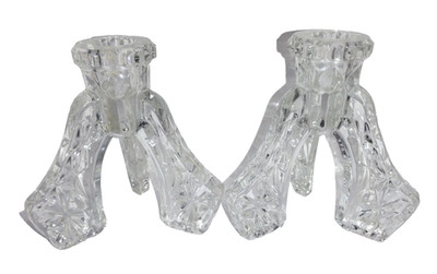 Crystal Three-Legged Candle Sticks 4.75 inch Snowflake Pattern Sawtooth Rim VTG