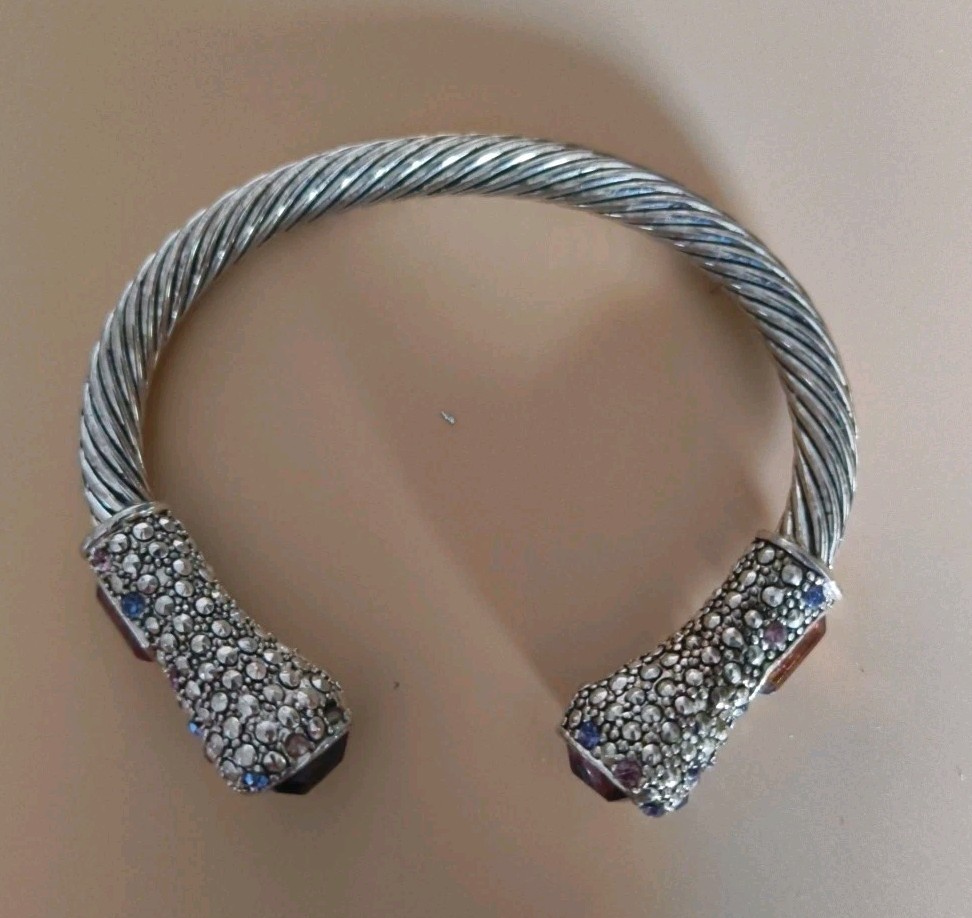 Twisted Silver Cable Bracelet  Multi Colored Crys… - image 2