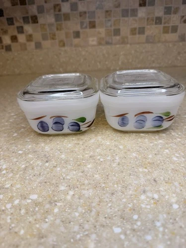 Set of 2 VTG Fire King Gay Fad Painted Fruit Refrigerator Dish Container w Lids