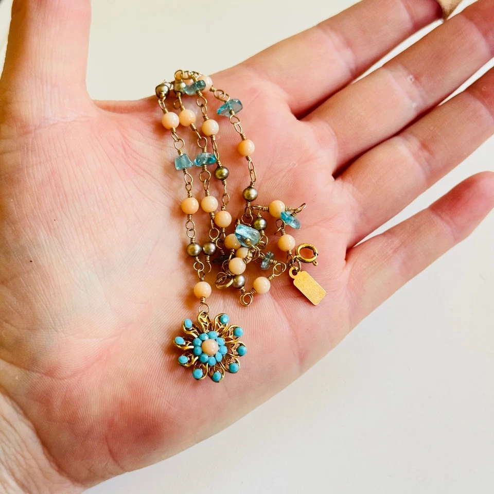 Collar Orly Baruch Piedras Preciosas Coral Turquesa Topacio Azul Genuino Oro Relleno 15" Foto 4 de 4