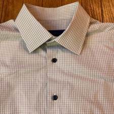 David Donahue Dress Shirt Check Grid Mens 17 34/35 Trim Fit White Blue Business